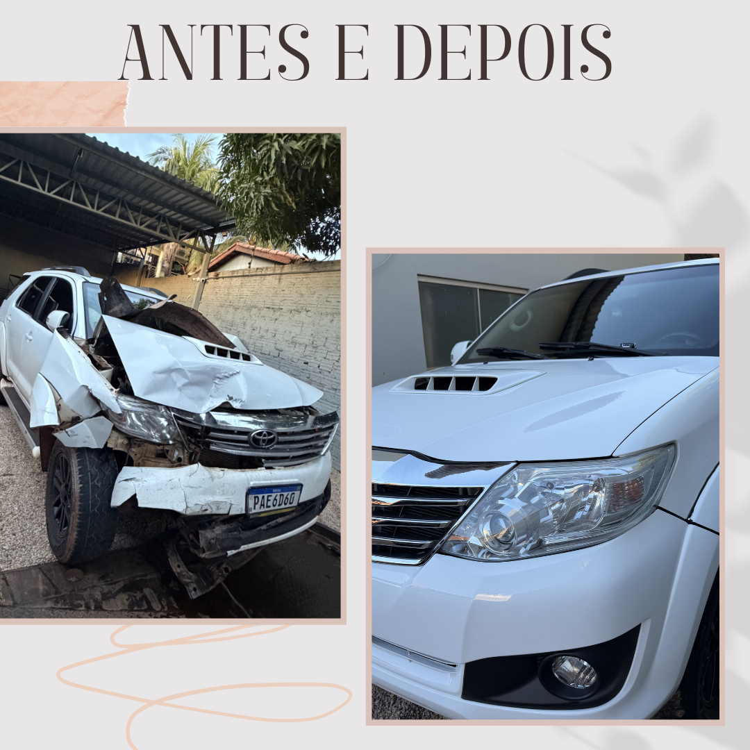 Antes e depois de funilaria e pintura de um veículo na Adenir